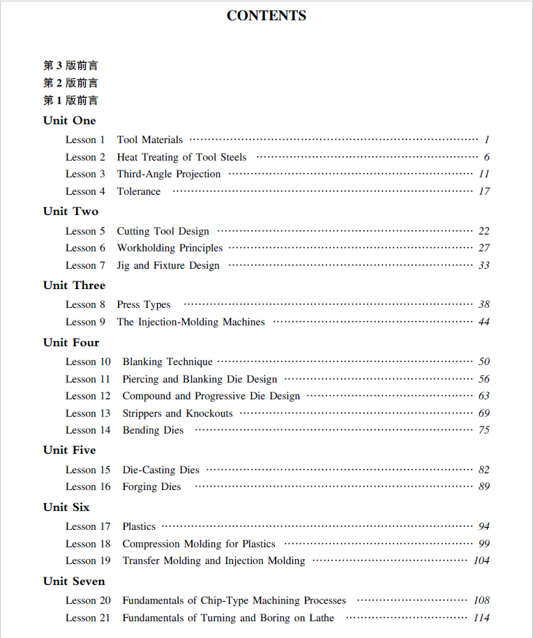 模具设计与制造专业英语 第3版目录