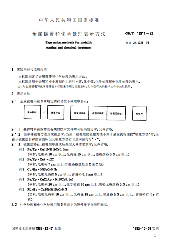 GBT13911-1992金属镀覆和化学处理表示方法