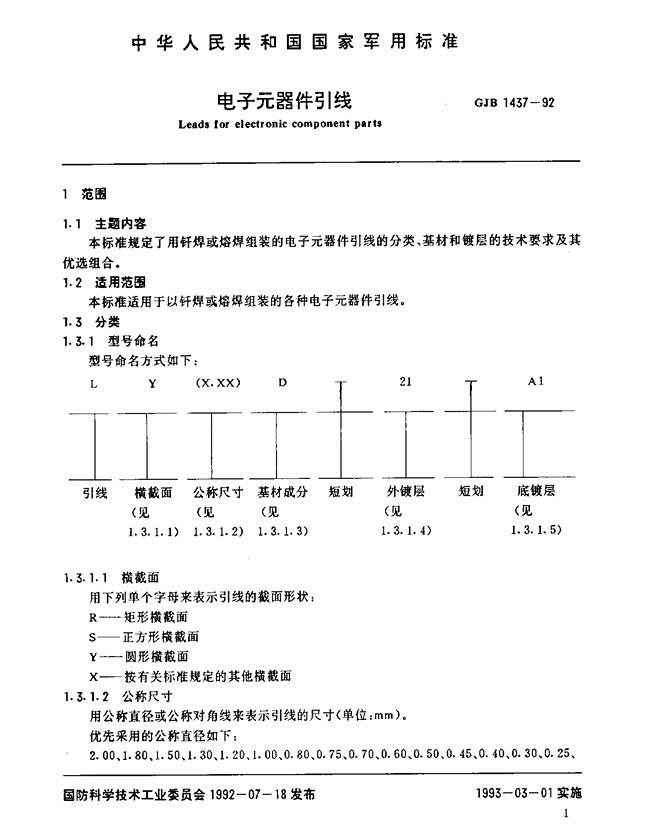 GJB 1437-1992 电子元器件引线
