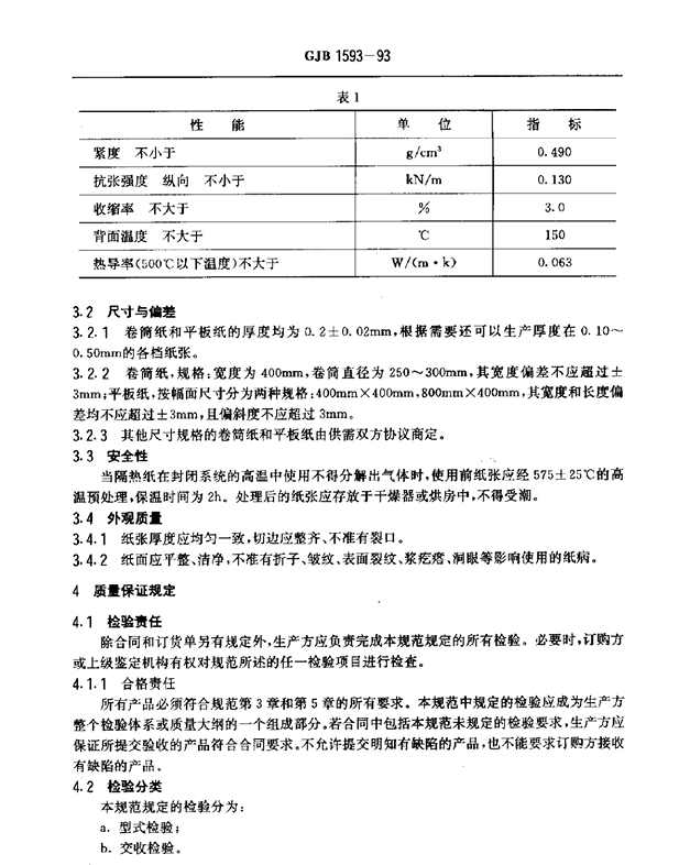 GJB 1593-93 耐1500℃隔热纸规范